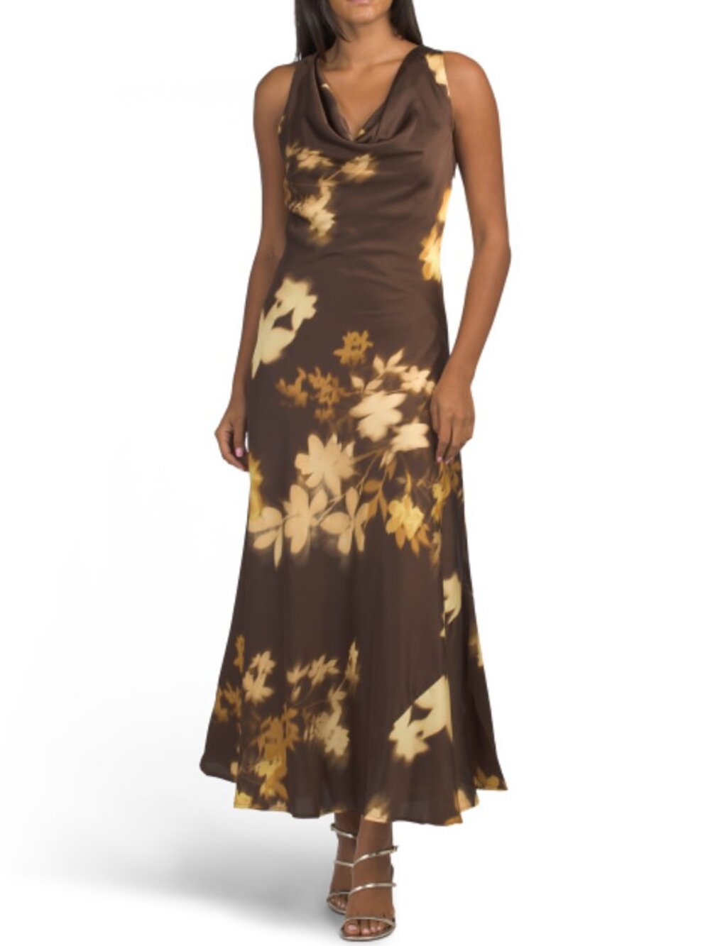 PAPERHEART Blurred Floral Satin Cowl Neck Maxi Dress